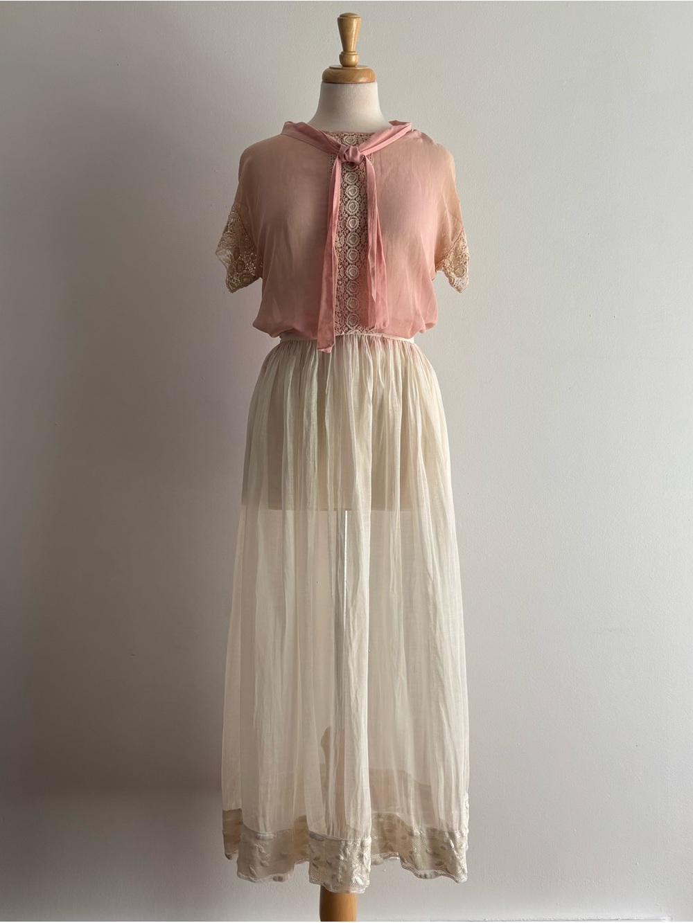 Antique Edwardian Sheer Cotton Gauze Lace Trim Skirt / 23 waist